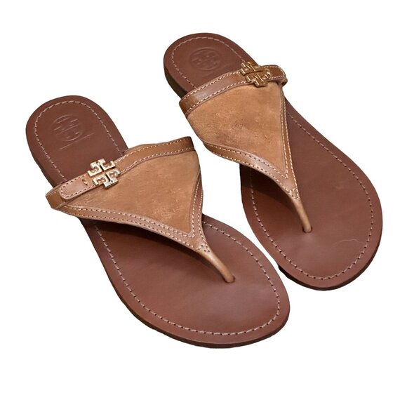 Tory Burch Suede With Leather Trim Sandal, Chestnut, Size 9 - Picture 1 of 9